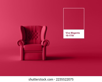Viva magenta ist ein Trendfarbjahr 2023 im minimalen Luxusstudio. Einzelsessel in einfarbiger Magenta, 3D-Abbildung. Tapete in Farbe des Jahres 2023 viva magenta. Flachviva magenta – Stockillustration
