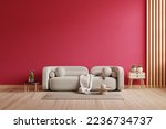 Viva magenta wall background mockup with sofa furniture and decor.3d rendering