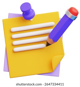 A vivid 3D render of stationery, includes a paper with lines, pencil and a pushpin. The composition is designed in such a way that evokes a sense of clarity, creativity, and meticulous organization.