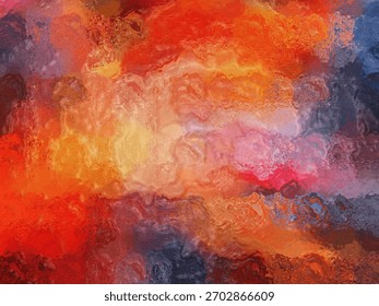 A vivid abstract artwork featuring bold swirls of red, orange, and blue with expressive brushstrokes and layered textures.