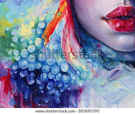 Vivid colorful rainbow acrylic painting of jucy female red lips and corals.  Paint strokes and canvas texture. 
