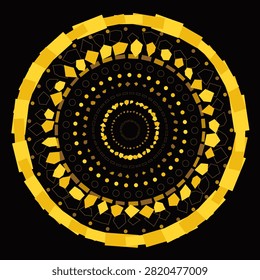 A vivid, concentric circular pattern filled with golden-yellow geometric shapes forming a mandala. The tightly packed, repeating diamond and...