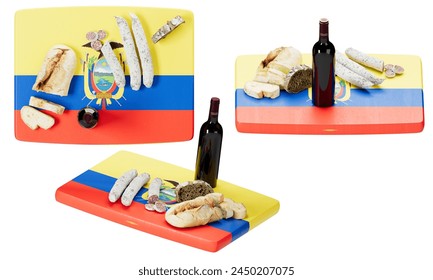 Vivid display of Ecuador gastronomic wealth, featuring local cheeses, cured meats, bread, and wine on the national flag. - Powered by Shutterstock