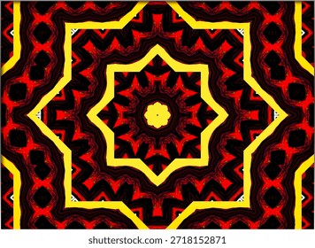 A vivid geometric pattern composed of starbursts in contrasting red and yellow. The design features intricate zigzag lines creating a dynamic visual effect.