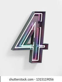 Vivid Neon Font with fluorescent wire and Bold Grey frame. Number 4. Party Alphabet. 3d Rendering Isolated on White Background.