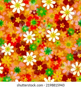 Vivid Simple Summer Autumn Seamless Floral Pattern Bright Bold Multicolor Layered Transparent  Flowers On Orange  Background Ditsy Floral Dress Fashion Print Folk, Rustic, Cottage,  Farm House Decor 