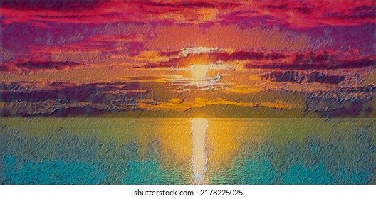 Vivid Sunset Over Turquoise Water, Edited To Look Like An Acrylic Painting.  The Sun Is A Mix Of Pinks And Purples, And The Silhouette Of Rolling Hills. 