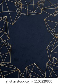 Vivid Textured Geometric Frame. Abstract Gold Polygonal Geometric Frame With Golden Glitter Triangles, Geometric, Diamond Shapes On Navy Background.