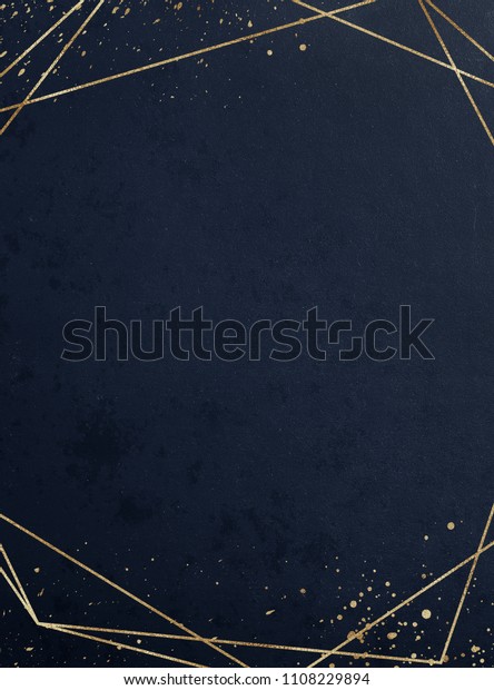 Vivid\
textured geometric frame. Abstract gold polygonal geometric frame\
with golden glitter triangles, geometric, diamond shapes on navy\
background. Golden confetti splashes in the\
corner.