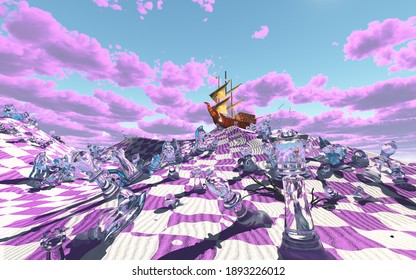 Vividly Hued Surreal Checker Board Desert Scene. 3D Rendering