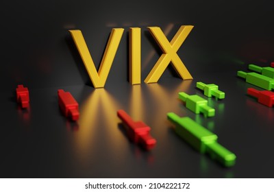 Vix - volatility index or fear index on the stock and foreign exchange market against the background of the Japanese candles chart, 3D rendering