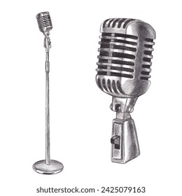 Vocal microphone. Watercolor hand drawn illustration of a vintage microphone of a musician on a stand. Clipart on a white background on the theme of music, rock, jazz, blues, radio, sound recording - Powered by Shutterstock