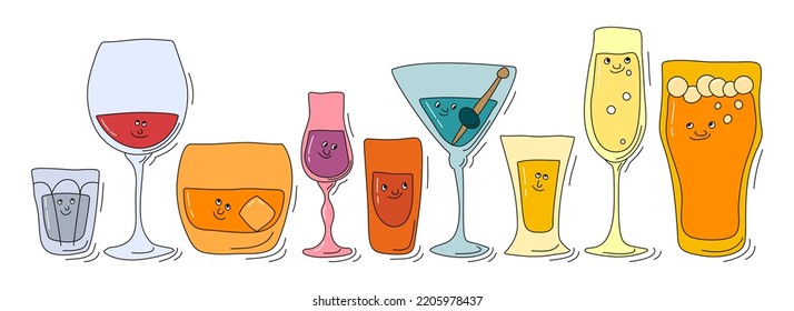 Vodka Red Wine Whiskey Liquor Rum Martini Tequila Champagne Beer Glassware With Smile Face On White Background. Cartoon Sketch. Doodle Style With Black Contour Line. Set Cute Hand Drawn Glass.