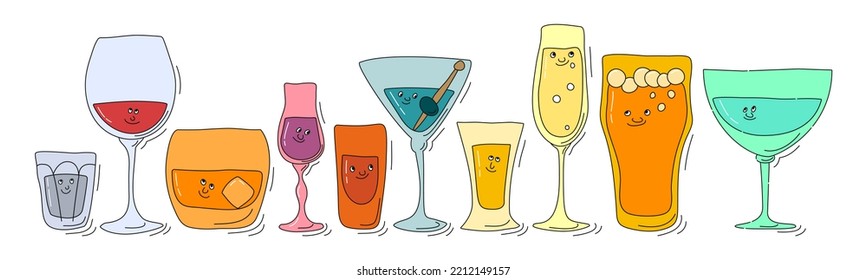 Vodka Red Wine Whiskey Liquor Rum Martini Tequila Champagne Beer Vermouth Glassware With Smile Face On White Background. Cartoon Sketch. Doodle Style With Black Contour Line. Cute Hand Drawn Glass.
