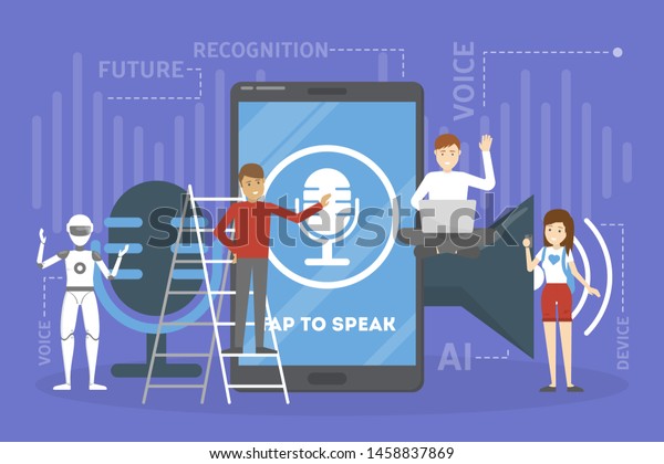 Voice assistant in the mobile phone concept.\
Digital technology and smart gadget. Sound recognition and voice\
control.  flat\
illustration