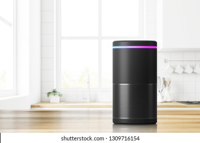 Voice Controlled Smart Speaker Standing On Kitchen Table. Concept Of Technology And Electronics. 3d Rendering