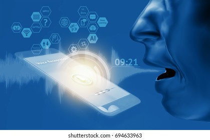 Voice Recognition , Speech Detect And Deep Learning , Chatbot Technology Concept. 3d Rendering Of Man Speak , Application On Mobile Phone Screen.