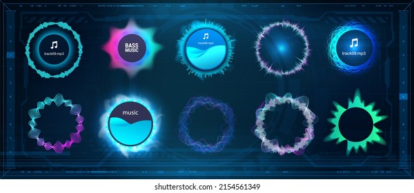 Voice Signal Wave, Circle Sound, Voice, Signal Equalizer. Frequency Audio Waveform, Music Circle Waves And Voice Graph Signal In HUD And Futuristic Style For WEB, UI. Hi-tech Flow Equalizers