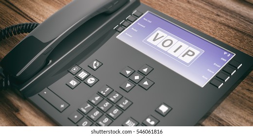 Voip On Phone. Office Telephone On Wooden Background. 3d Illustration