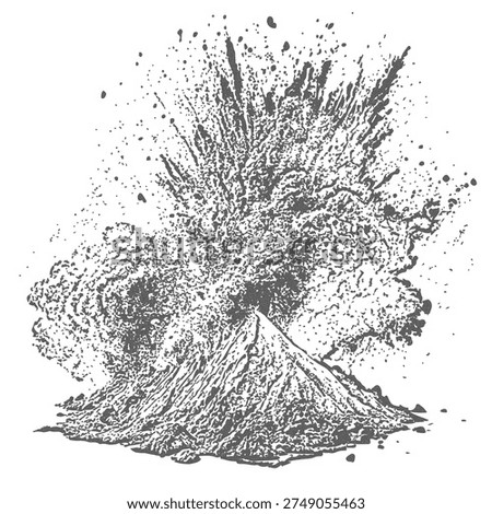 Volcanic Eruption Illustration Exploding Volcano with Ash Plume in Dramatic Ink Sketch Style.