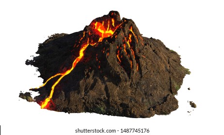 Volcanic Eruption, Lava Coming Down A Volcano, Isolated On White Background (3d Science Illustration)