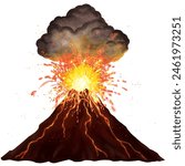 Volcanic Eruption on white background -  (illustration, cartoon, vector). 