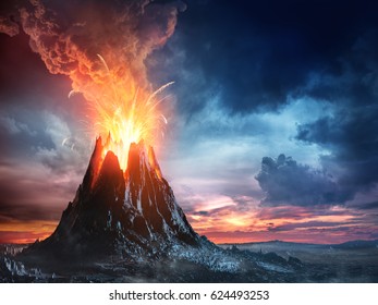 Volcanic Mountain In Eruption - 3D rendering
