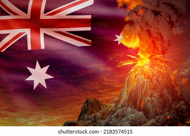 Volcano Blast Eruption At Night With Explosion On Australia Flag Background, Troubles Because Of Natural Disaster And Volcanic Earthquake Conceptual 3D Illustration Of Nature