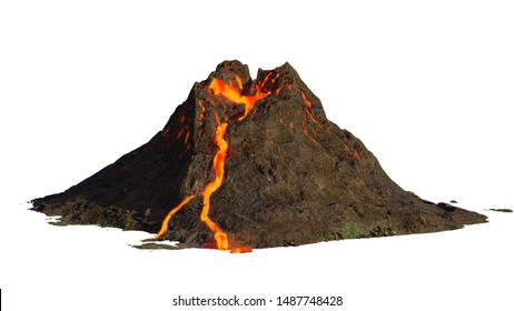 Vulkanausbruch, Lava, die einen Berg hinunterkommt, einzeln auf weißem Hintergrund (3D-Wissenschaftsgrafik)