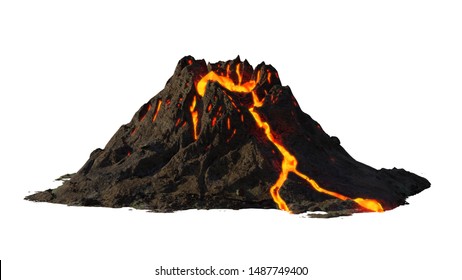 Volcano Eruption, Lava Coming Down A Mountain, Isolated On White Background (3d Science Rendering)