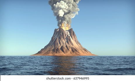 Volcano eruption on an island in the ocean 3d illustration