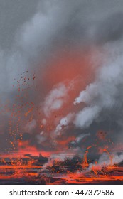 volcano eruption,lava lake,landscape illustration painting