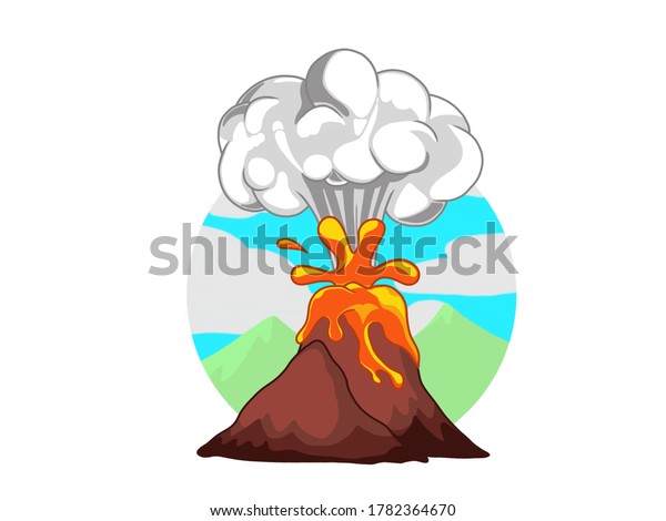 火山の噴火や自然災害のイラスト 白い背景に煙と空の背景に溶岩が山から流れ出る のイラスト素材