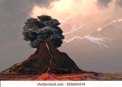 Volcano and Lightning 3d illustration - Lightning and thunder crack inside a billowing smoke plume as a volcano erupts with glowing lava.