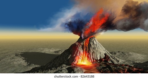 Volcano Smoke - An active volcano belches smoke and molten red lava in an eruption.