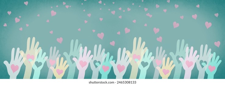 Volenteer and humanitarian help concept, charity and friendship, support teamwork, people reach their hand to colorful hearts on the wall  - Powered by Shutterstock