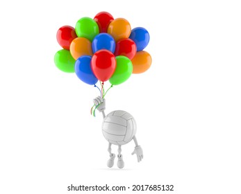 Volley Ball Character Flying With Balloons Isolated On White Background. 3d Illustration