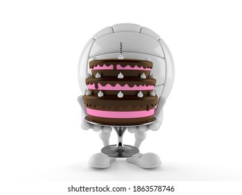 Volley Ball Character Holding Cake Isolated On White Background. 3d Illustration