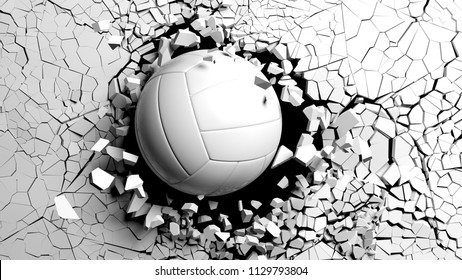  Volleyball Ball Breaking With Great Force Through A White Wall. 3d Illustration.