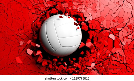 Volleyball Ball Breaking With Great Force Through A Red Wall. 3d Illustration.