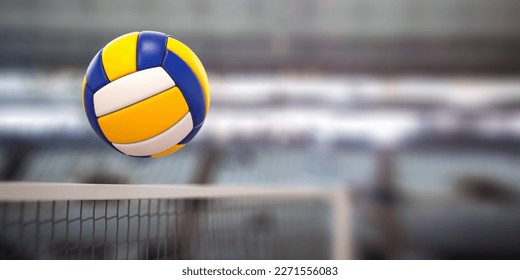 Volleyball ball and net in voleyball arena during a match. 3d illustration