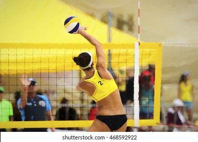Volleyball beach player is a female athlete beach volleyball player rising up to battle her opponent at the net.
