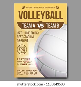 Volleyball Poster. Ball. Sand Beach. Design For Sport Bar Promotion. Volleyball Club. Cafe, Pub Flyer. Summer Game. Championship Blank Invitation Illustration - Powered by Shutterstock