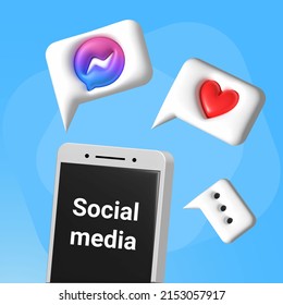 The volumetric 3d-image of social media and communication in the smarthone with messeges, heart, emoji and editable text on blue background - Powered by Shutterstock