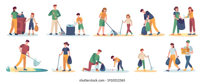 Volunteer collects trash. Men, women and children cleaning nature from garbage set. Isolated  family picks up and sorting waste. Illustration volunteer people together collect rubbish - Powered by Shutterstock