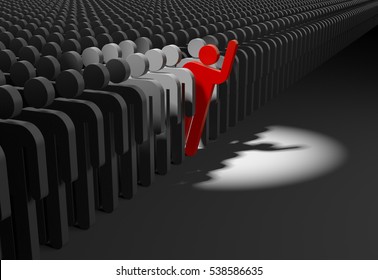Volunteer. Person looks out from the crowd. 3d illustration