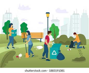 Volunteer team group of young people male and female characters sweeping and collecting garbage in city park, illustration. Park cleaning, volunteering concept for web banner, website page etc. - Powered by Shutterstock