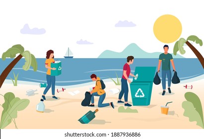 Volunteer team group of young people male and female characters collecting garbage on beach, flat illustration. Beach cleaning, volunteering, ecology concept for web banner, website page etc. - Powered by Shutterstock