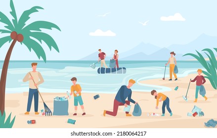 Volunteers cleaning beach, collect garbage on coast. Cleaning from garbage and pollution, keep environment coast by volunteer,  illustration - Powered by Shutterstock