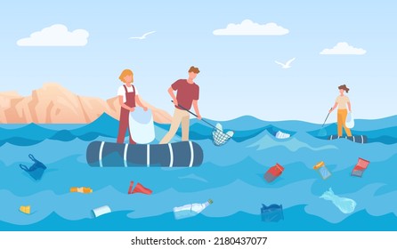 Volunteers Cleaning Sea, Collect Trash And Plastic.  Garbage Plastic In Ocean And Sea, Safe Ecology Environment Illustration